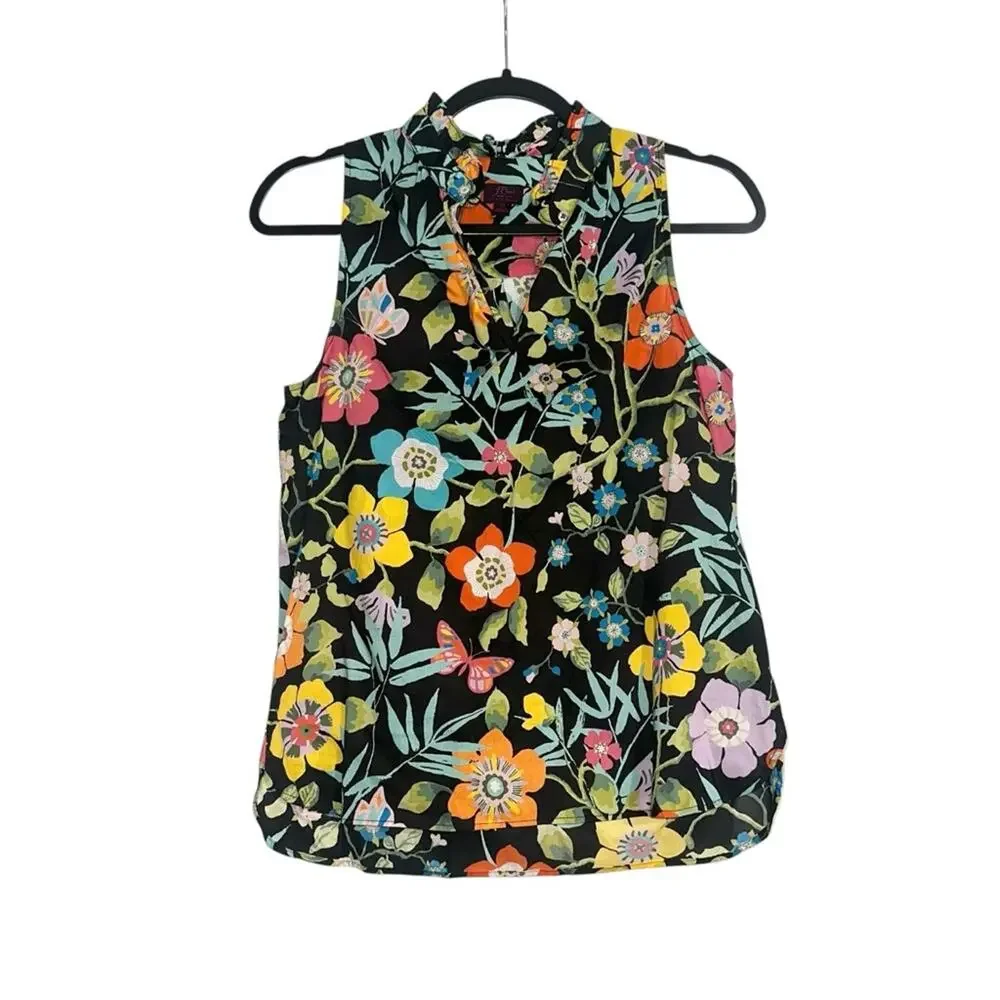 J. Crew Liberty Print Black Floral Print Ruffle Neck Sleeveless Top 0